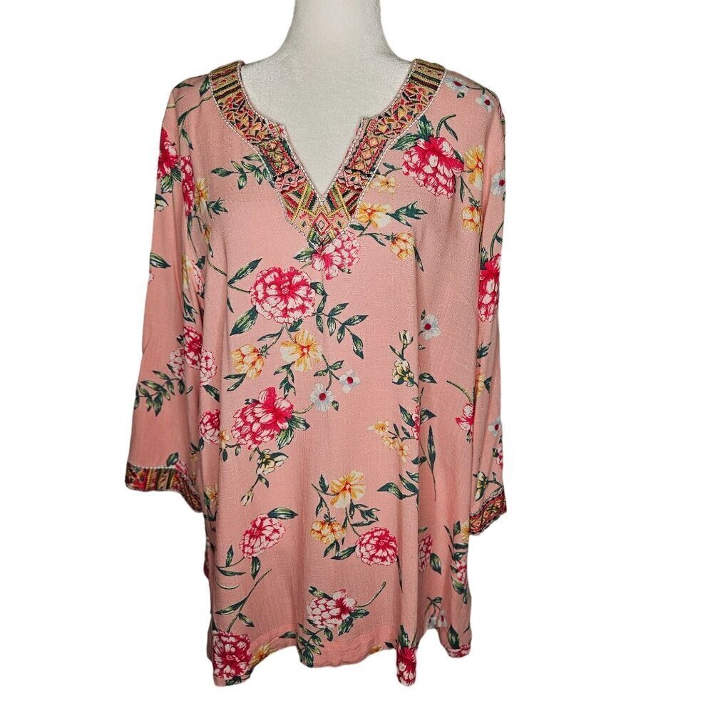 Belle by Kim Gravel Size XL Bobo Floral Print Pink Blouse Embroidery Cottagecore